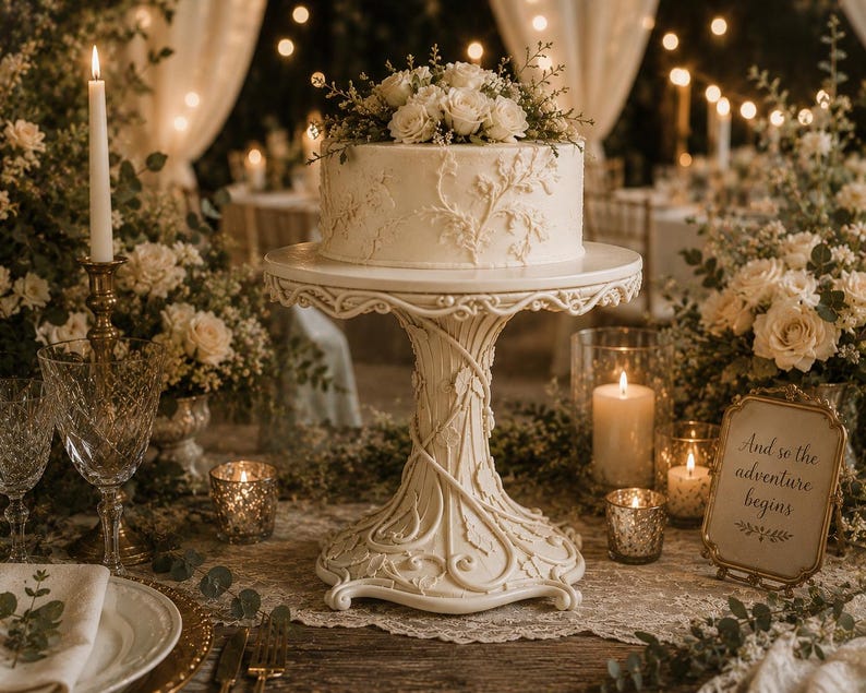 May include: A white cake stand with an ornate, sculpted vine and leaf pattern on the pedestal and base. The stand supports a round, white-frosted cake topped with white roses and greenery, set amidst a table with candles and floral arrangements.