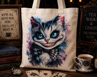 Grinning Cat Tote Bag, Whimsical Fantasy Cat Canvas Tote, Gothic Cat Lover Gift, Bookish Market Bag