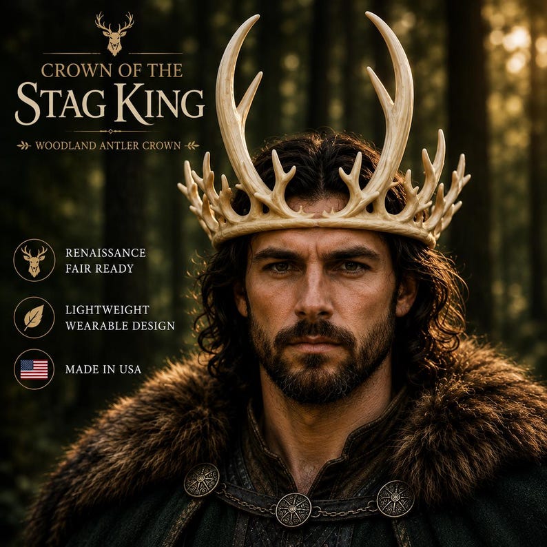 May include: A man wearing a woodland antler crown. The crown is beige and has a detailed design. The image includes the text "CROWN OF THE STAG KING" and "WOODLAND ANTLER CROWN". The image also includes the text "RENAISSANCE FAIR READY", "LIGHTWEIGHT WEARABLE DESIGN", and "MADE IN USA".