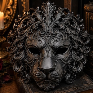 May include: A black lion mask featuring intricate, ornate scrollwork and filigree detailing across the mane and facial features. The mask has deep-set eye openings and a sculpted nose, showcasing a dark, matte finish with textured relief patterns.