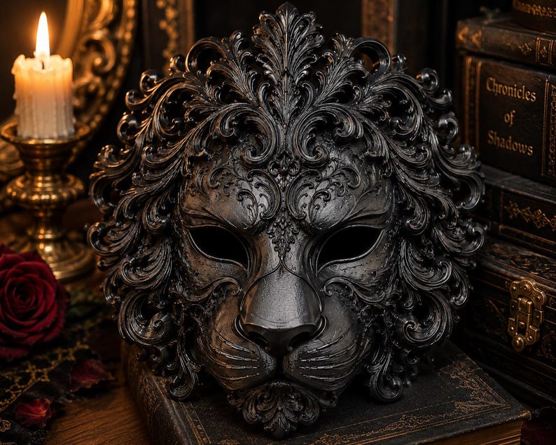 May include: A black lion mask featuring intricate, ornate scrollwork and filigree detailing across the mane and facial features. The mask has deep-set eye openings and a sculpted nose, showcasing a dark, matte finish with textured relief patterns.