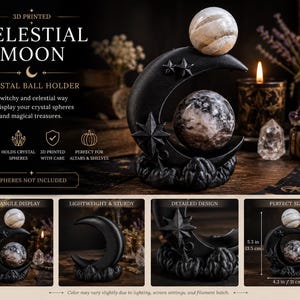 May include: A black 3D printed celestial moon crystal ball holder featuring a crescent moon shape with star accents and a cloud-like base. The holder measures 5.3 inches in height and 4.3 inches in width, designed to display spherical objects.