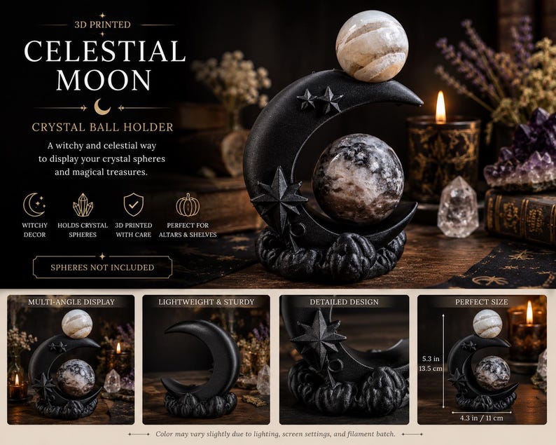 May include: A black 3D printed celestial moon crystal ball holder featuring a crescent moon shape with star accents and a cloud-like base. The holder measures 5.3 inches in height and 4.3 inches in width, designed to display spherical objects.
