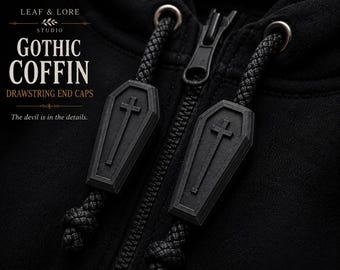 Gothic Coffin Drawstring End Caps, Vampire Hoodie Cord Ends, 3D Printed Lace Locks for Hoodie Corset Cloak Bag, Goth Accessories Pair
