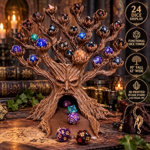 May include: A brown tree-shaped dice display stand with a face sculpted into the trunk and branches holding 24 polyhedral dice. The base features a ramp for rolling dice. Text on the right indicates 24 dice display, functional dice tower, 10 inches tall, 12 inches wide, and 3D printed in our studio Las Vegas, NV.