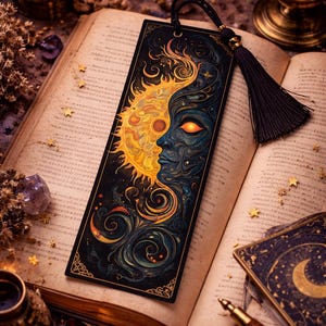 Sun Moon Bookmark, Celestial Abstract Art, Dark Academia Reader Accessory