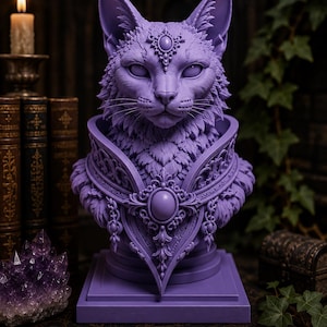 May include: A purple cat bust sculpture featuring intricate filigree detailing on the collar and a central circular gemstone accent. The feline figure has pointed ears, textured fur, and a smooth, matte finish, mounted on a square base.