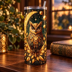 Puede incluir: Un vaso cilíndrico con una ilustración detallada de un búho dorado posado entre hojas estilizadas y una luna creciente sobre un fondo verde oscuro estrellado. El diseño incluye pequeños planetas dorados y una pajita de metal plateado.