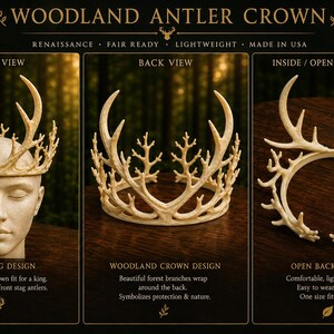 May include: A woodland antler crown with a Renaissance design. The crown is made of a light beige material and features a stag king design with bold antlers. The back view shows forest branches, and the open back design is lightweight and comfortable.