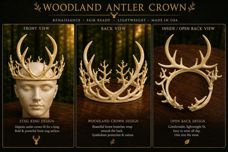 May include: A woodland antler crown with a Renaissance design. The crown is made of a light beige material and features a stag king design with bold antlers. The back view shows forest branches, and the open back design is lightweight and comfortable.