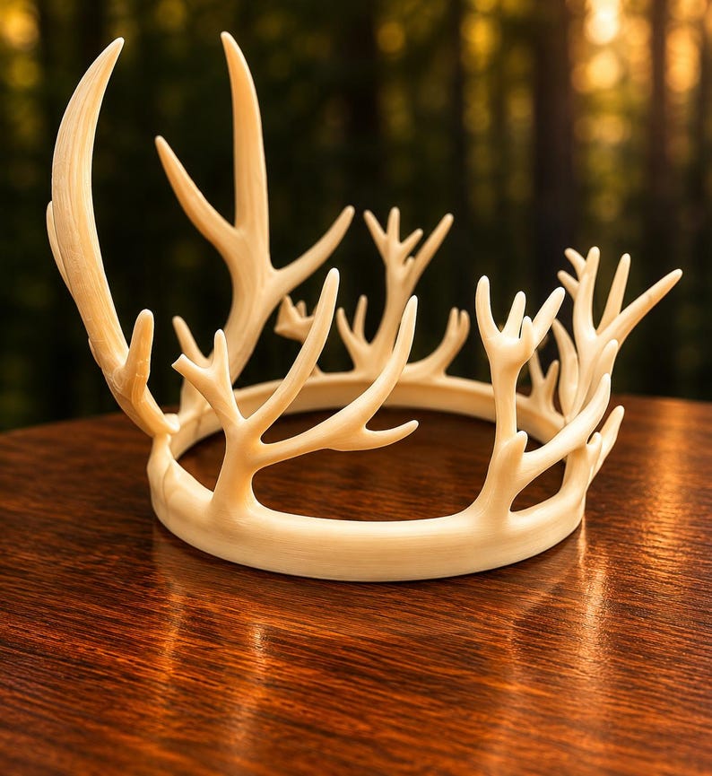 May include: A cream-colored antler crown with multiple points, set on a wooden surface. The crown's design mimics natural antlers, with a circular base and upward-reaching tines. The background is a blurred forest scene.