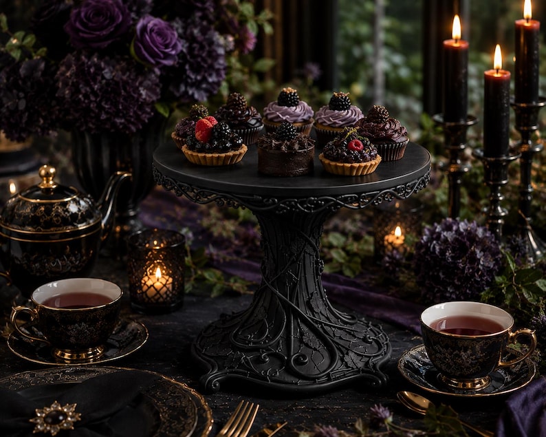 May include: A black pedestal cake stand with an intricate vine-like base design, holding an assortment of small chocolate desserts topped with fresh blackberries and raspberries, arranged on a table with black teacups and lit candles.