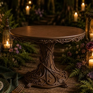 May include: A brown cake stand featuring a smooth circular top and a decorative pedestal base sculpted with intricate vine and leaf patterns. The stand has a dark, matte finish and a wide, stable base with curved, ornate feet.