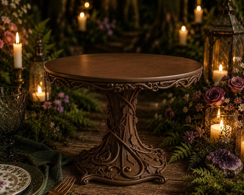 May include: A brown cake stand featuring a smooth circular top and a decorative pedestal base sculpted with intricate vine and leaf patterns. The stand has a dark, matte finish and a wide, stable base with curved, ornate feet.