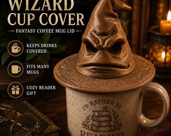 May include: A 3D printed brown wizard hat cup cover sits atop a speckled ceramic mug. The mug features the text "I'D RATHER BE READING" above an illustration of stacked books. The lid is textured and shaped like a weathered, pointed hat.