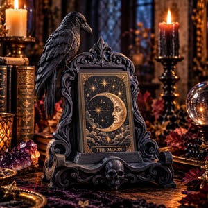 May include: A black ornate display stand featuring a sculpted raven and a skull at the base, holding a rectangular tarot card titled THE MOON. The card depicts a golden crescent moon with a human face surrounded by stars and clouds.