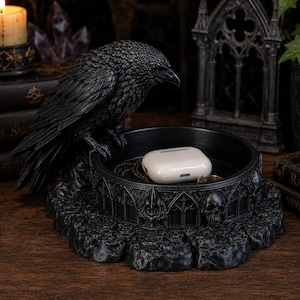 Raven Cathedral Catchall Bowl, Gothic Jewelry Dish, AirPods Holder, Witchy Altar Bowl, Fantasy Desk Organizer, 3D Printed Decor Raven Cloak Black