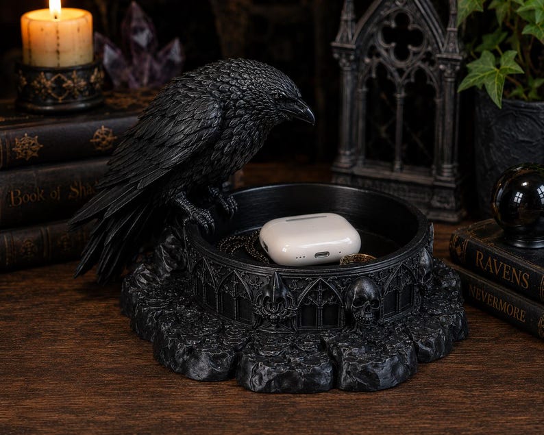 Raven Cathedral Catchall Bowl, Gothic Jewelry Dish, AirPods Holder, Witchy Altar Bowl, Fantasy Desk Organizer, 3D Printed Decor Raven Cloak Black