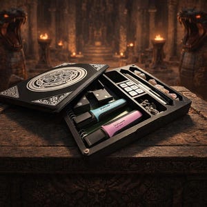 May include: A black box with a detailed design, open to reveal various items including highlighters, dice, and other accessories. The box is on a wooden table, with a background of a temple with snake statues and torches.