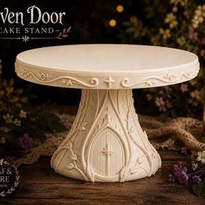 May include: A cream-colored cake stand featuring a circular top and a pedestal base decorated with embossed vine patterns and a central arched door motif. The text "ELVEN DOOR CAKE STAND" and "LEAF & LORE STUDIO" is visible in the image.