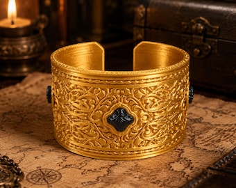 Liquid Gold Fantasy Cuff Bracelet, Ornate 3D Printed Bracer, Renaissance Faire Jewelry, Medieval Cosplay Wrist Cuff, Jewel Color Options