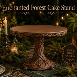 May include: A brown cake stand with a circular top and a pedestal base featuring sculpted vine and leaf details. The text "Enchanted Forest Cake Stand" appears at the top, and a small sign reads "WHERE MAGIC GATHERS" near the base.