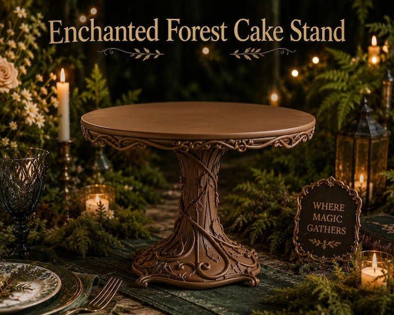 May include: A brown cake stand with a circular top and a pedestal base featuring sculpted vine and leaf details. The text "Enchanted Forest Cake Stand" appears at the top, and a small sign reads "WHERE MAGIC GATHERS" near the base.