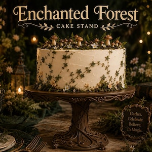 May include: A dark brown cake stand with a textured, tree-like base and a wide, flat top. The stand holds a white cake decorated with green vines, moss, and small mushrooms. Text above reads Enchanted Forest CAKE STAND.