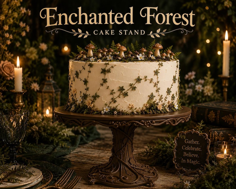 May include: A dark brown cake stand with a textured, tree-like base and a wide, flat top. The stand holds a white cake decorated with green vines, moss, and small mushrooms. Text above reads Enchanted Forest CAKE STAND.