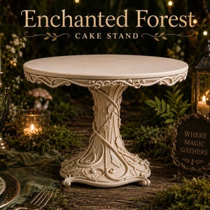May include: A cream-colored cake stand with a circular top and a pedestal base featuring sculpted vine and leaf details. The text "Enchanted Forest CAKE STAND" appears above the object, and a small sign reads "WHERE MAGIC GATHERS."