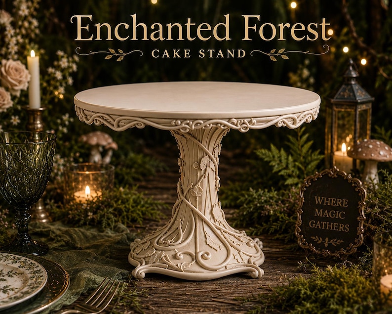 May include: A cream-colored cake stand with a circular top and a pedestal base featuring sculpted vine and leaf details. The text "Enchanted Forest CAKE STAND" appears above the object, and a small sign reads "WHERE MAGIC GATHERS."