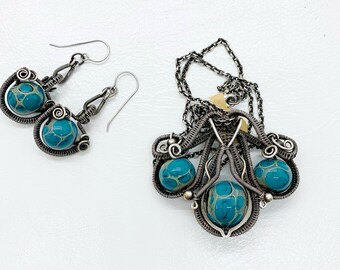 Handmade Lampwork bead necklace | Sterling silver wire wrapped | 18 inches | Matching Earrings