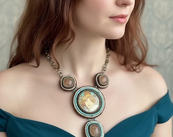 Goddess Necklace | Bead Embroidered Jewelry | Pendant Necklace | Gift for Her | Mothers Day | Bronze & Blue