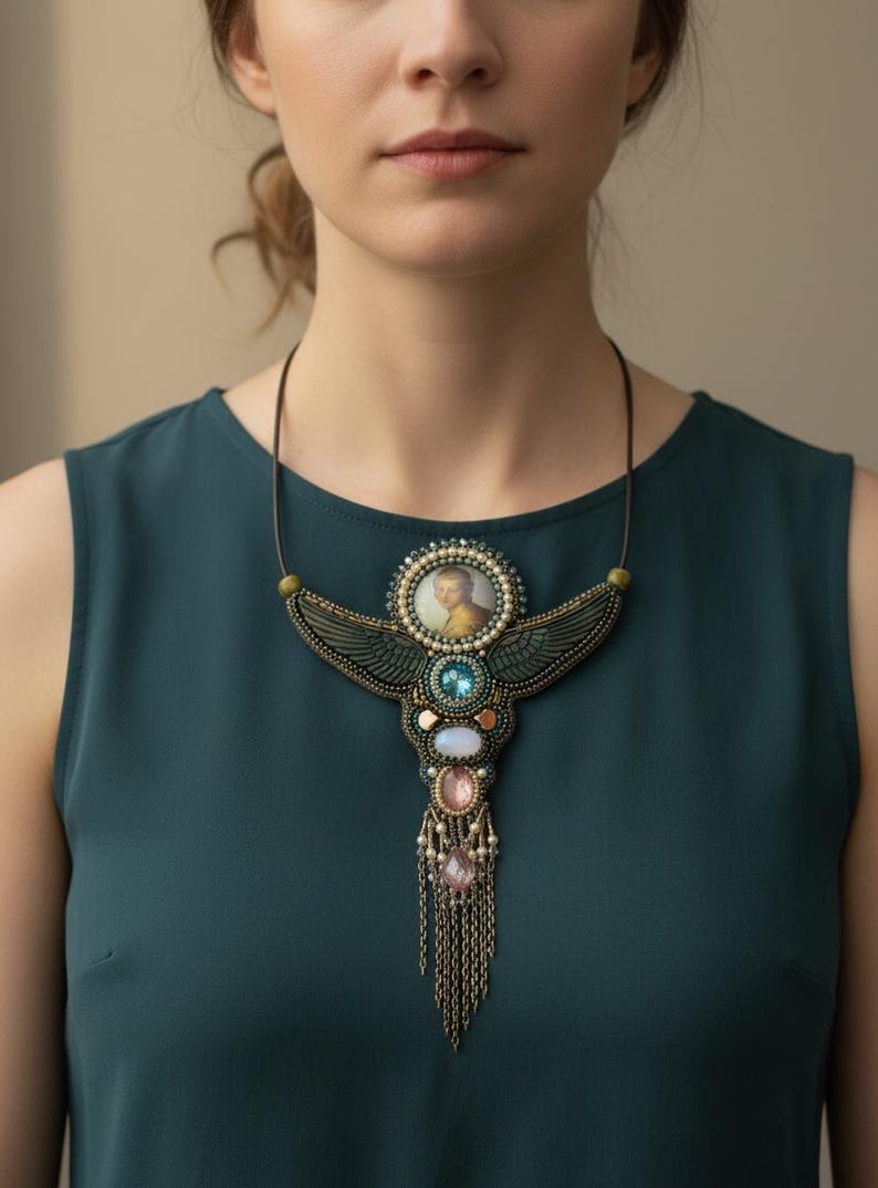 May include: A handcrafted statement necklace featuring a central portrait within a beaded frame. The pendant showcases a winged design with various gemstones in blue, pink, and white, accented with dangling chains. The necklace is worn on a dark green top.