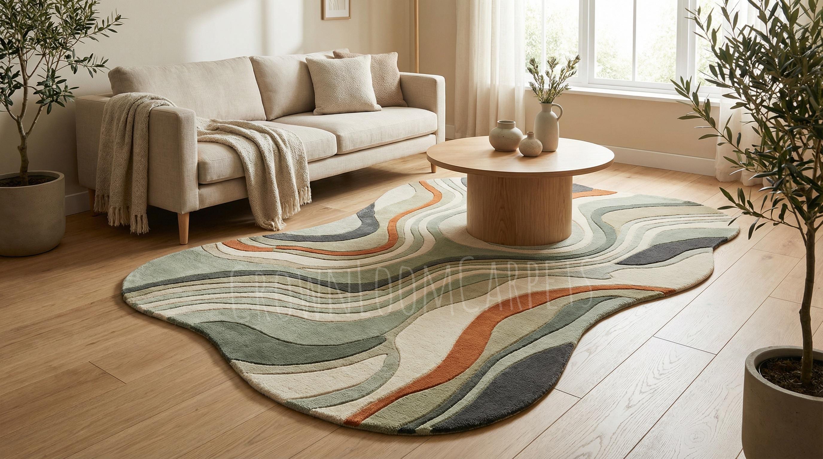 Abstract Sage Green Hand Tufted Wool Rug, Modern Irregular Shape Area ...