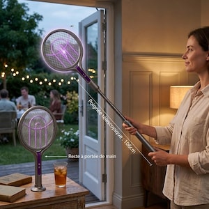 May include: A purple and silver electric bug zapper with a long handle, held by a person. The zapper has a circular head with a mesh screen and a glowing purple interior. The handle extends to 41.7 inches.