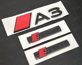 Audi A3 Package – A3 Trunk Badge + 2 S Line Wing Badges in Gloss Black or Chrome 8P 8V 8L 8Y