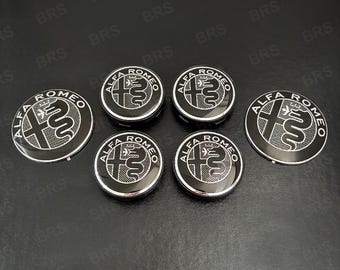 Alfa Romeo Black and Silver Pack – 2 Hood and Trunk Emblems 74mm + 4 Hubcaps 60mm