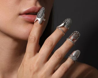 Silver Nail Rings Set, Fingernail Armor Ring, Adjustable Fingertip Rings, Gothic Claw Nail Jewelry, Statement Finger Rings