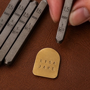 Può includere: Un set di strumenti per stampaggio in metallo grigio con marcature da 1,5 mm e 1/16 di pollice, posizionato accanto a un'etichetta in metallo dorato a forma di arco. L'etichetta riporta i nomi LISA e JAKE impressi in un carattere sans-serif.