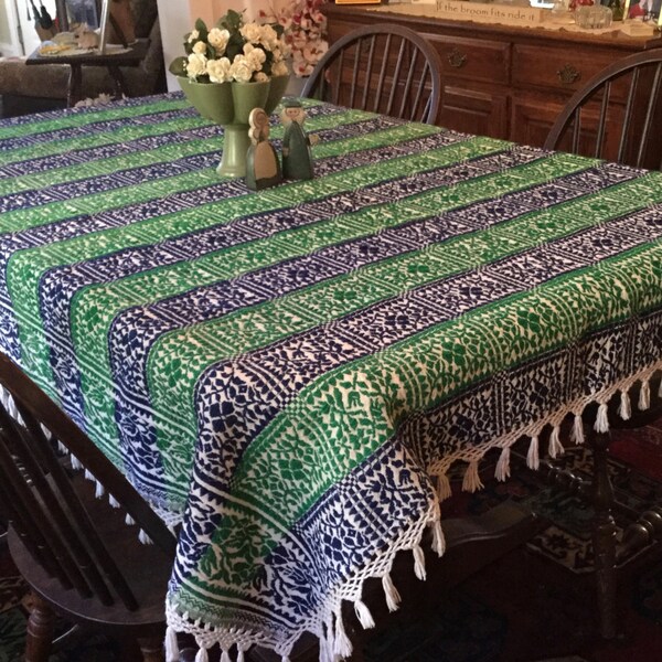 Fringed Throw Blanket Woven Green & Blue Mid Century Multi Functional Blanket or Ethnic Table Cover 64 x 80"