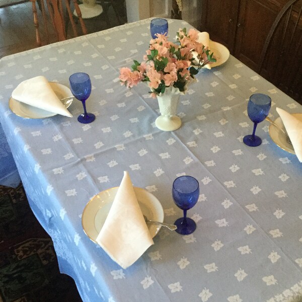 Blue Damask Tablecloth 91" x 88"  Vintage Ivy Pattern Table Cover