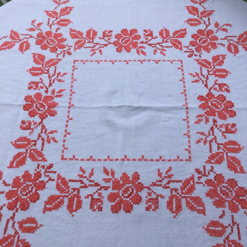 Embroidered Linen Tablecloth 4 Napkins Vintage Handmade Autumn Orange Cross Stitch 48 Table Topper