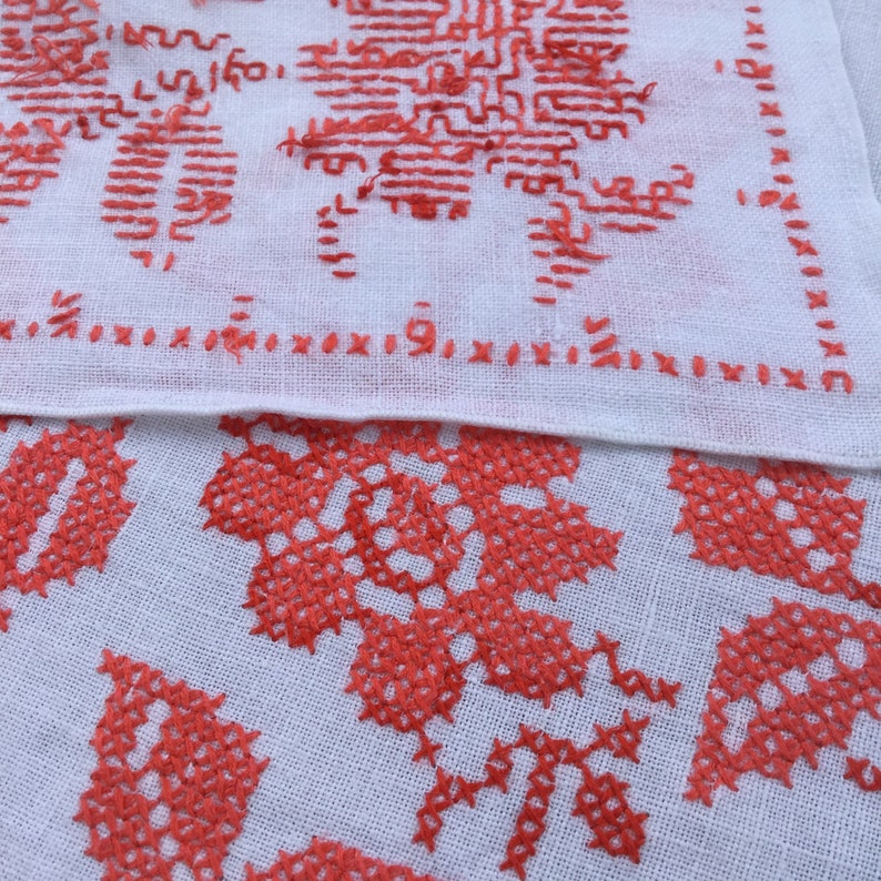 Embroidered Linen Tablecloth 4 Napkins Vintage Handmade Autumn Orange Cross Stitch 48 Table Topper