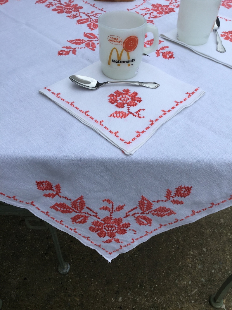 Embroidered Linen Tablecloth 4 Napkins Vintage Handmade Autumn Orange Cross Stitch 48 Table Topper