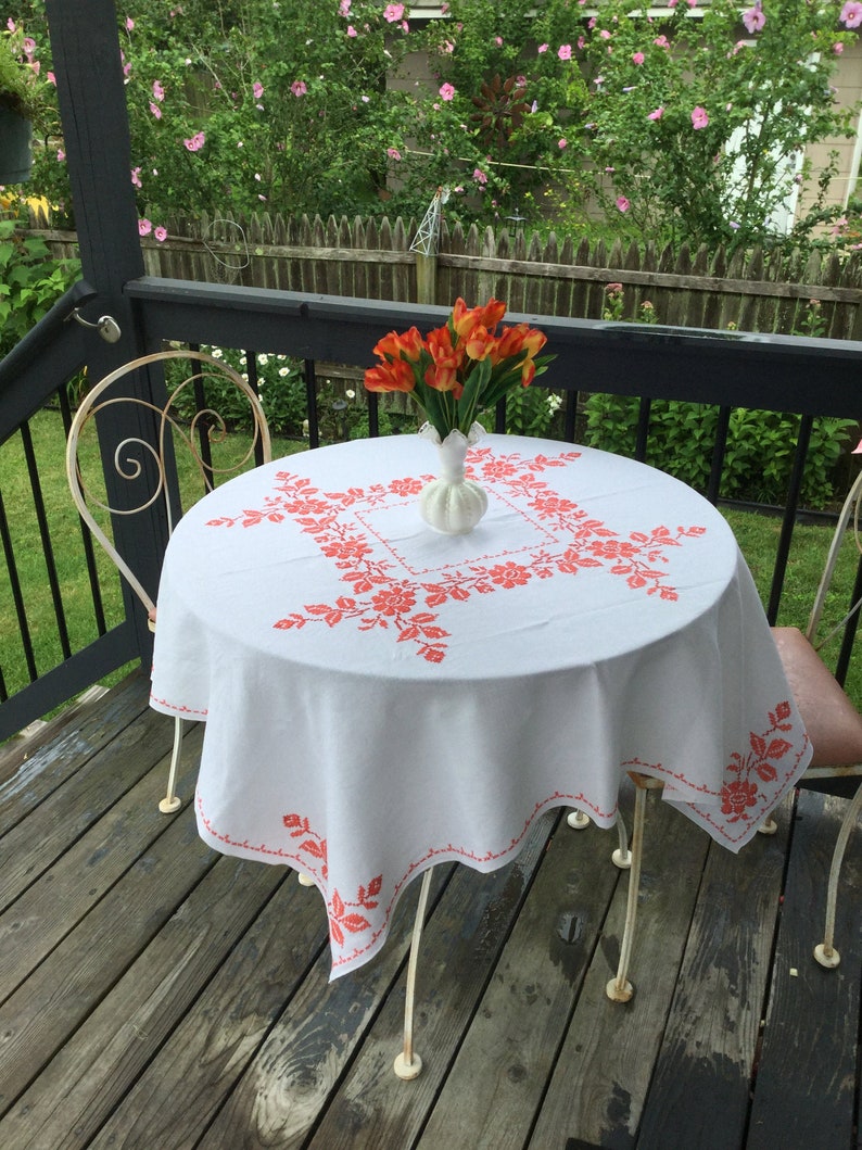 Embroidered Linen Tablecloth 4 Napkins Vintage Handmade Autumn Orange Cross Stitch 48 Table Topper