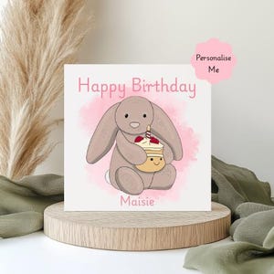 Personalised Bunny Birthday Card, Jellycat Style, Smooth Linen Hammered Texture image 1