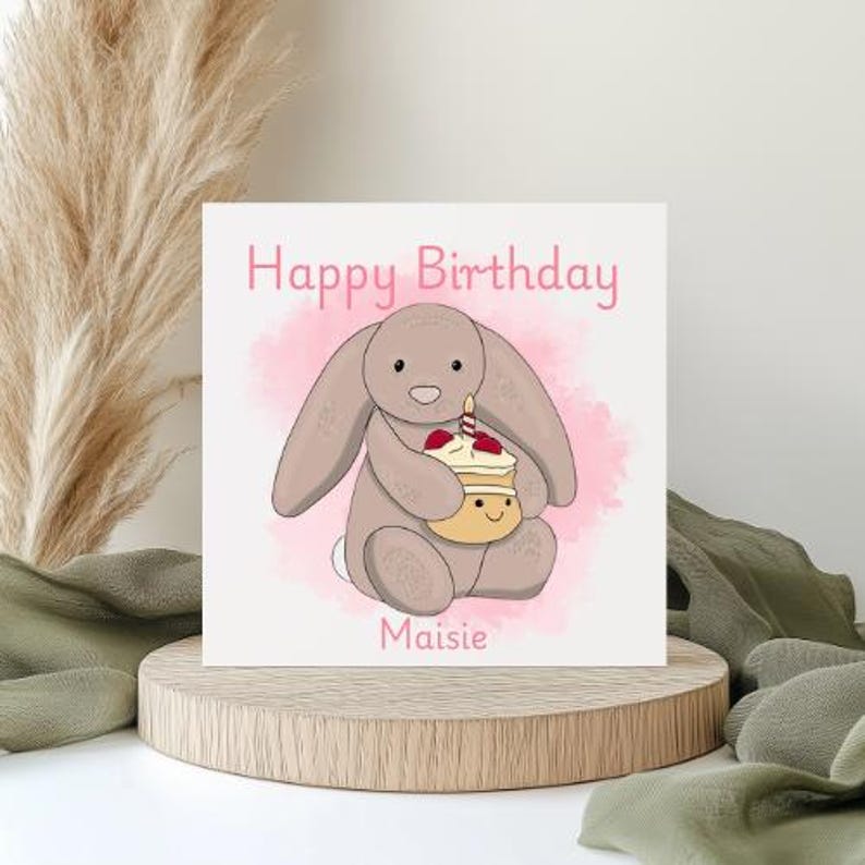 Personalised Bunny Birthday Card, Jellycat Style, Smooth Linen Hammered Texture image 3