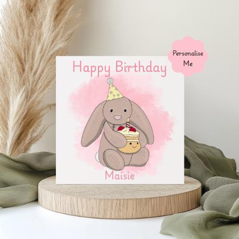 Personalised Bunny Birthday Card, Jellycat Style, Smooth Linen Hammered Texture image 2