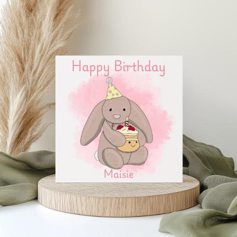 Personalised Bunny Birthday Card, Jellycat Style, Smooth Linen Hammered Texture image 4